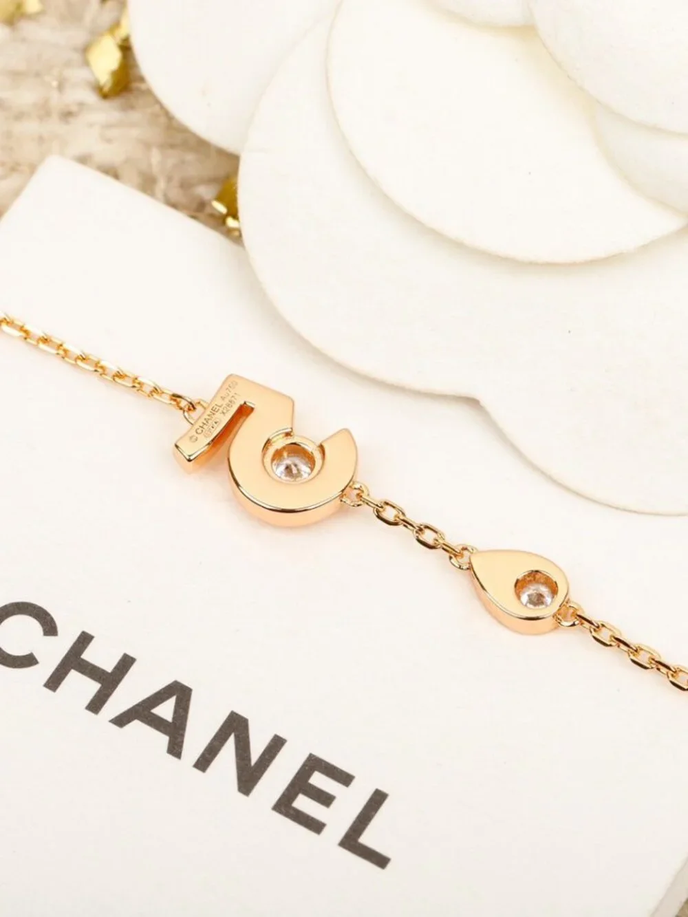 Authentic Chanel No.5 Number Teardrop Crystal Rose Gold Slim Bracelet - Picture 2 of 4